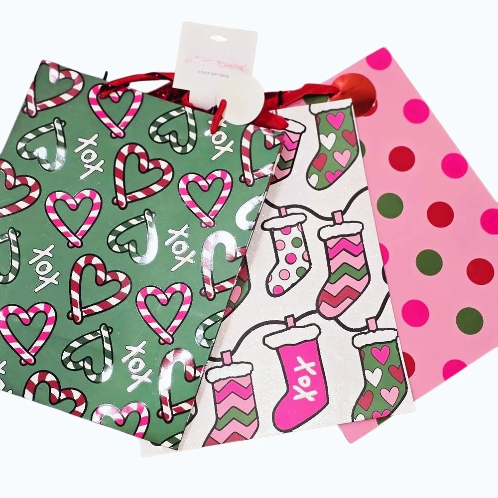 Betsey Johnson 3-PK Festive Candy Cane Heart and Stocking Gift‎ Bags